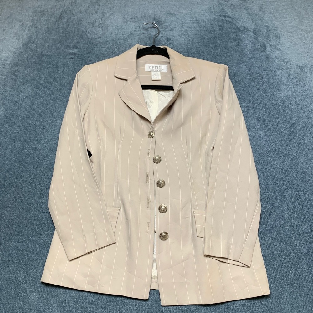 Petite Sophisticate Blazer Jacket Womens 2 Beige Pinstriped Notch Lapel Business